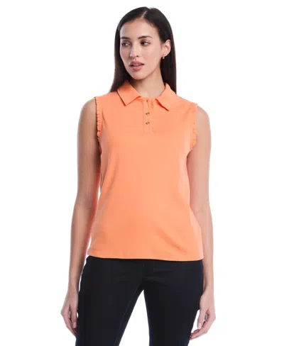 Rafaella Women's Petite Ruffle Trim Sleeveless Polo Shirt In Orange