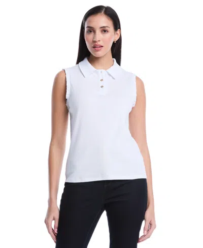 Rafaella Women's Petite Ruffle Trim Sleeveless Polo Shirt In White