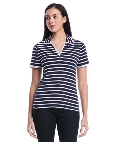 Rafaella Women's Petite Striped Contrast Trim Johnny Collar Short Sleeve Polo Shirt In Blue