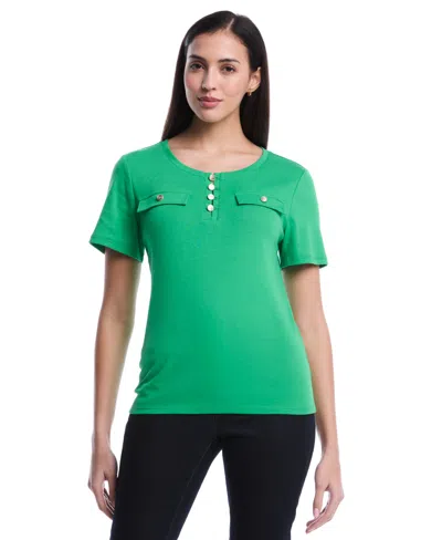 Rafaella Women's Petite Welt Pocket Button Detail Short Sleeve Top In Green