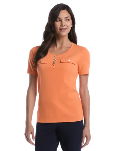 Rafaella Women's Petite Welt Pocket Button Detail Short Sleeve Top In Pattern