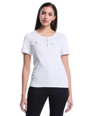 Rafaella Women's Petite Welt Pocket Button Detail Short Sleeve Top In White