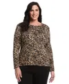 Rafaella Women's Plus Size Animal Print Chain Neck Detail Long Sleeve Top In Black