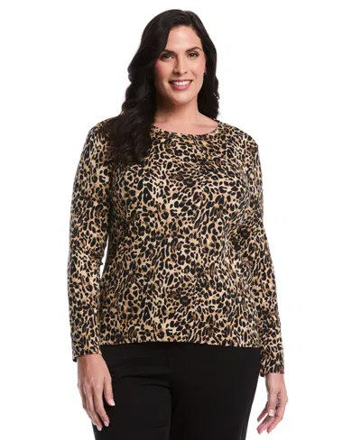 Rafaella Women's Plus Size Animal Print Chain Neck Detail Long Sleeve Top In Black