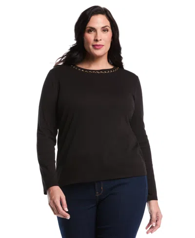 Rafaella Women's Plus Size Chain Neck Detail Long Sleeve Top In Black