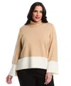 Rafaella Women's Plus Size Color Block Trim Turtleneck Long Sleeve Sweater In Brown