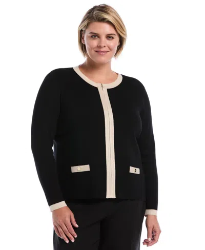 Rafaella Women's Plus Size Colorblock Full-zip Fitted Cardigan In Black