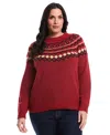 Rafaella Women's Plus Size Crew Neck Fair Isle Long Sleeve Sweater In Red