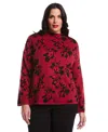 Rafaella Women's Plus Size Floral Print Mock Neck Long Sleeve Sweater In Red