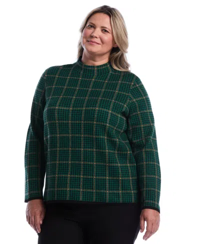 Rafaella Women's Plus Size Plaid Print Mock Neck Long Sleeve Sweater In Green
