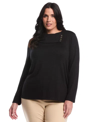 Rafaella Women's Plus Size Split Collar Long Sleeve Top In Black
