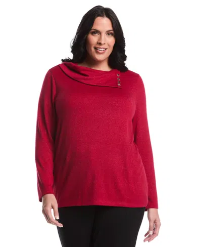 Rafaella Women's Plus Size Split Collar Long Sleeve Top In Red