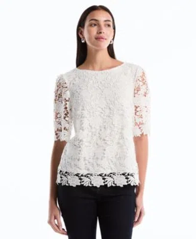 Rafaella Womens Scalloped Elbow Sleeve Lace Top In White