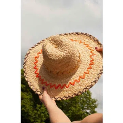 Raffaello Bettini Straw Hat With Gold & Orange Raffia Zig Zag In Brown