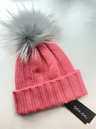 Raffaello Bettini Women's Cashmere Ribbed Beanie In Pink With Grey Raccoon Pom Pom