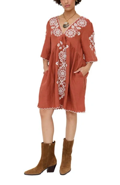 Raffya Women's Arabella Brown Linen With White Embroidered Mini Dress