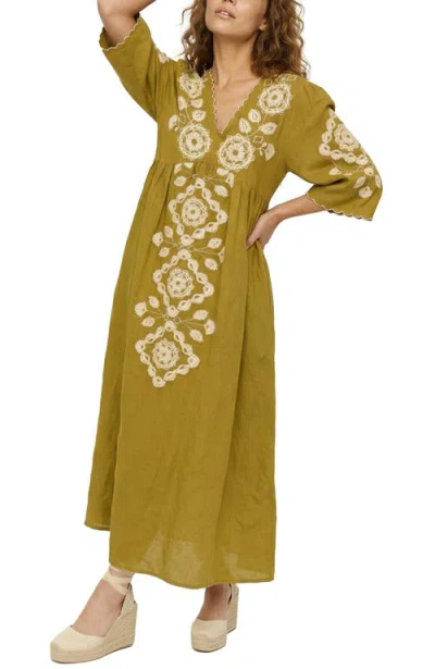 Raffya Arianna V-neck Embroidered Maxi Dress In Brown