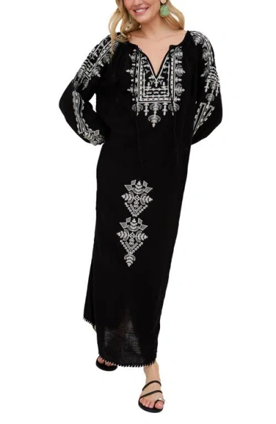 Raffya Aurelia Kaftan Style Embroidered Maxi Dress In Black
