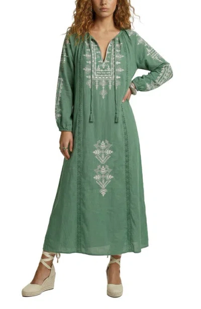 Raffya Aurelia Kaftan Style Embroidered Maxi Dress In Green