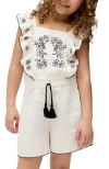 Raffya Kids Philo Ruffle Neck Embroidered Romper In Sand
