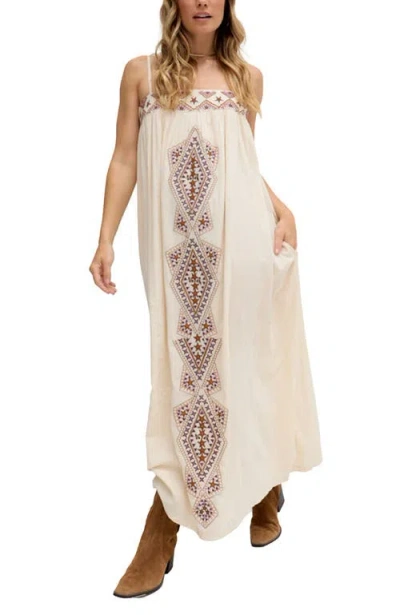 Raffya Sapphire Spaghetti Strap Embroidered Maxi Dress In Neutral