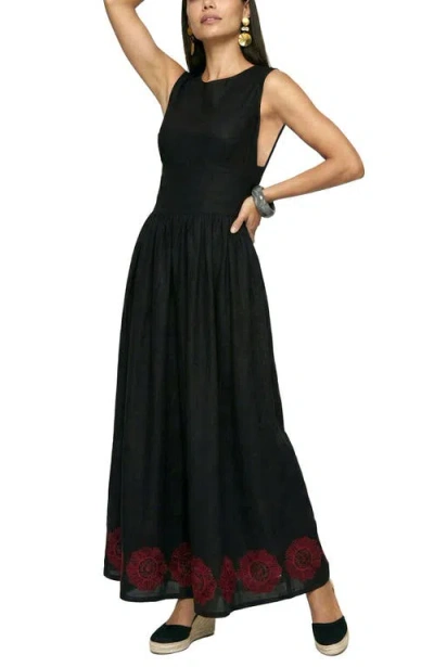 Raffya Vanessa Wide Leg Embroidered Jumpsuit In Black