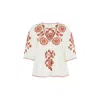 Raffya Women's Aubrey White & Brown Linen Blended Embroidered Blouse In Brown