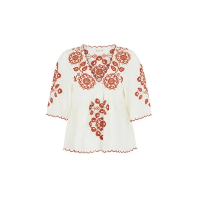 Raffya Women's Aubrey White & Brown Linen Blended Embroidered Blouse