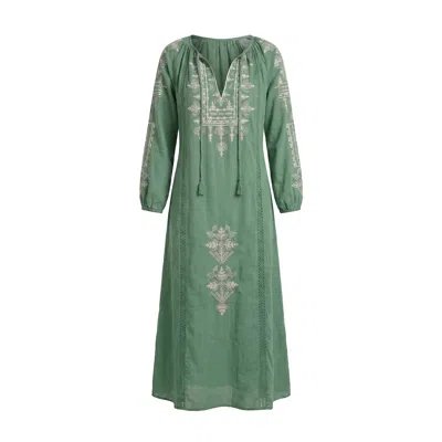 Raffya Women's Aurelia Kaftan Style Embroidered Maxi Dress In Sage Green