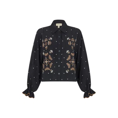 Raffya Women's Blue Penny Boxy Embroidered Shirt In Navy In Black