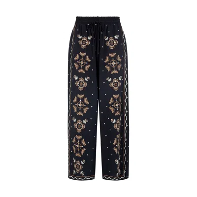 Raffya Women's Blue Penny Wide Leg Embroidered Trouser In Navy In Black