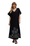 Raffya Candy Tabard Embroidered Hem Midi Dress In Black