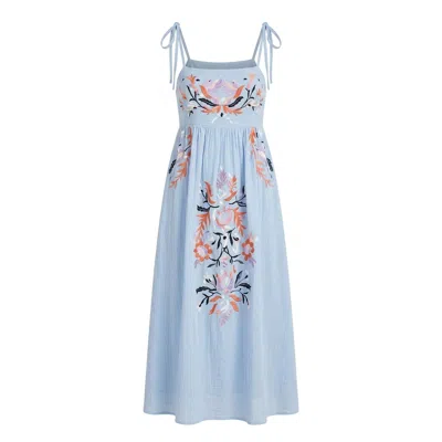 Raffya Women's Furla Smocked Panel Embroidered Midi Dress In Blue