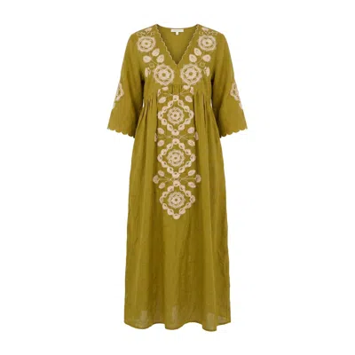 Raffya Women's Green Arianna V- Neck Embroidered Maxi Dress In Chartreuse