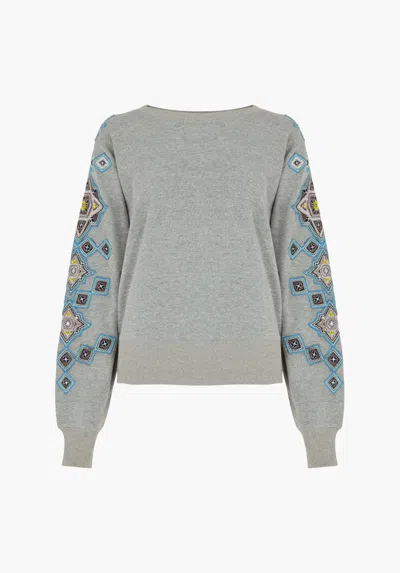 Raffya Women's Grey / Blue Jewel Embroidered Sweatshirt In Grey/blue