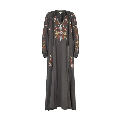 Raffya Women's Grey Elisa Kaftan Style Embroidered Maxi Dress In Gray