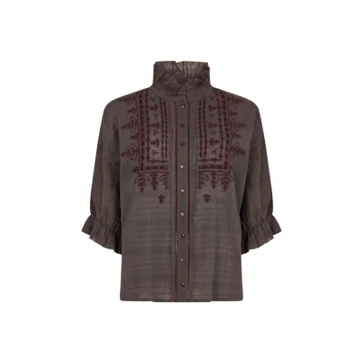 Raffya Women's Julie Ruffle Neck Embroidered Shirt In Dark Grey In Brown