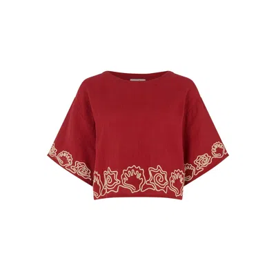 Raffya Women's Milly Embroidered Split Open Back Blouse In Berry In Red