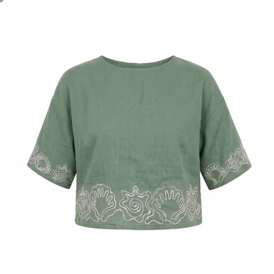 Raffya Women's Milly Embroidered Split Open Back Blouse In Sage Green