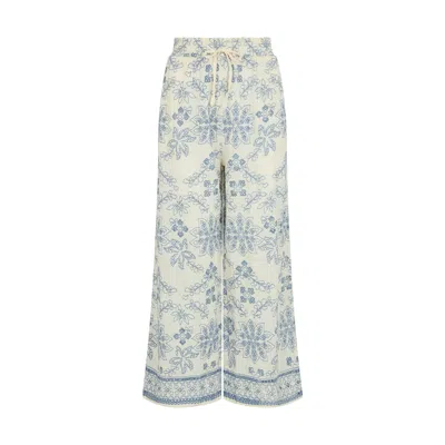 Raffya Women's Neutrals / Blue Cherice Wide Leg All Over Embroidered Trouser In White