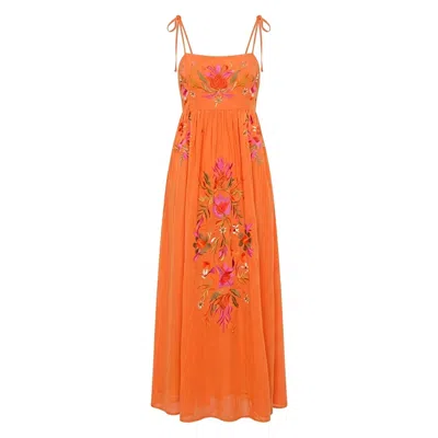 Raffya Women's Orange Furla Smocked Panel Embroidered Midi Dress In Coral