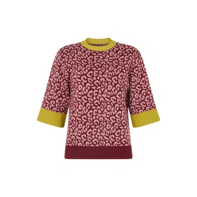 Raffya Women's Pink / Red Daffodil Slouchy Animal Print Knitted T-shirt In Burgundy In Multi
