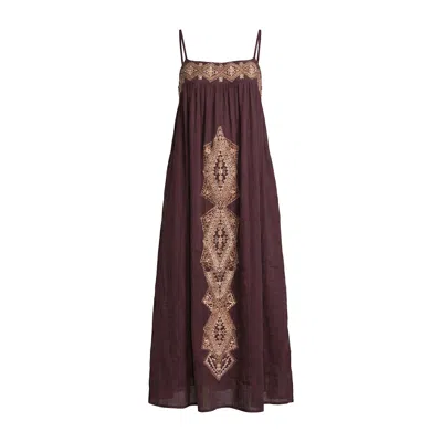 Raffya Women's Purple Sapphire Spaghetti Strap Embroidered Maxi Dress In Aubergine In Brown