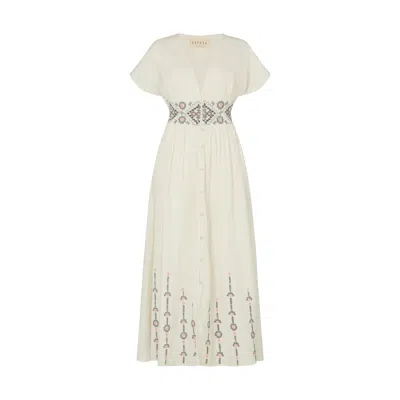 Raffya Women's Sally Ann Button Down Embroidery Maxi Dress In White