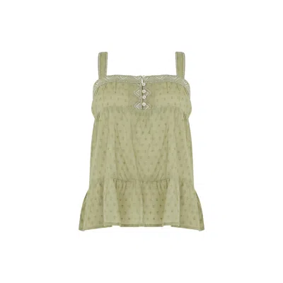 Raffya Women's Selena Green Tiered Cotton Cami Top With White Embroidery & Button Detail