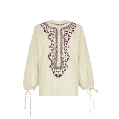 Raffya Women's White Anai Half Placket Embroidered Blouse In Cream