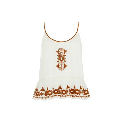Raffya Women's White / Brown Lilly Ivory Cotton Cami Top With Henna Embroidery In White/brown