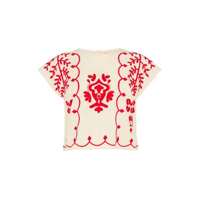 Raffya Women's White / Red Fraya Cross Hatch Embroidered Crop Top In White In White/red
