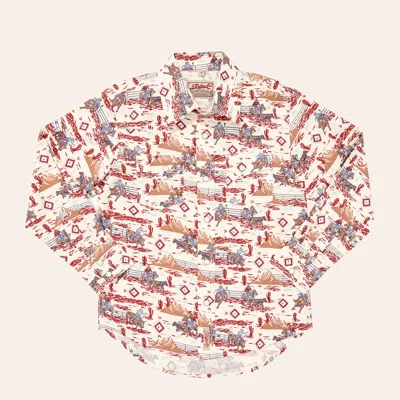 Rafter C Boys' Cream & Rust Cowboy Print Long Sleeve Pearl Snap Western Shirt In Brown