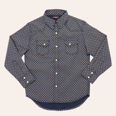 Rafter C Boys' Navy & Brown Geo Print Stretch Long Sleeve Pearl Snap Western Shirt In Blue